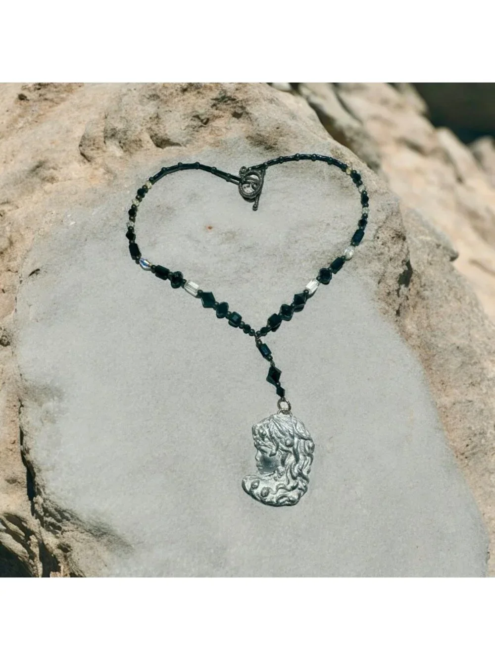 Art Nuveau Clay Lady Pendant with Artisan Crystal Beaded Necklace
